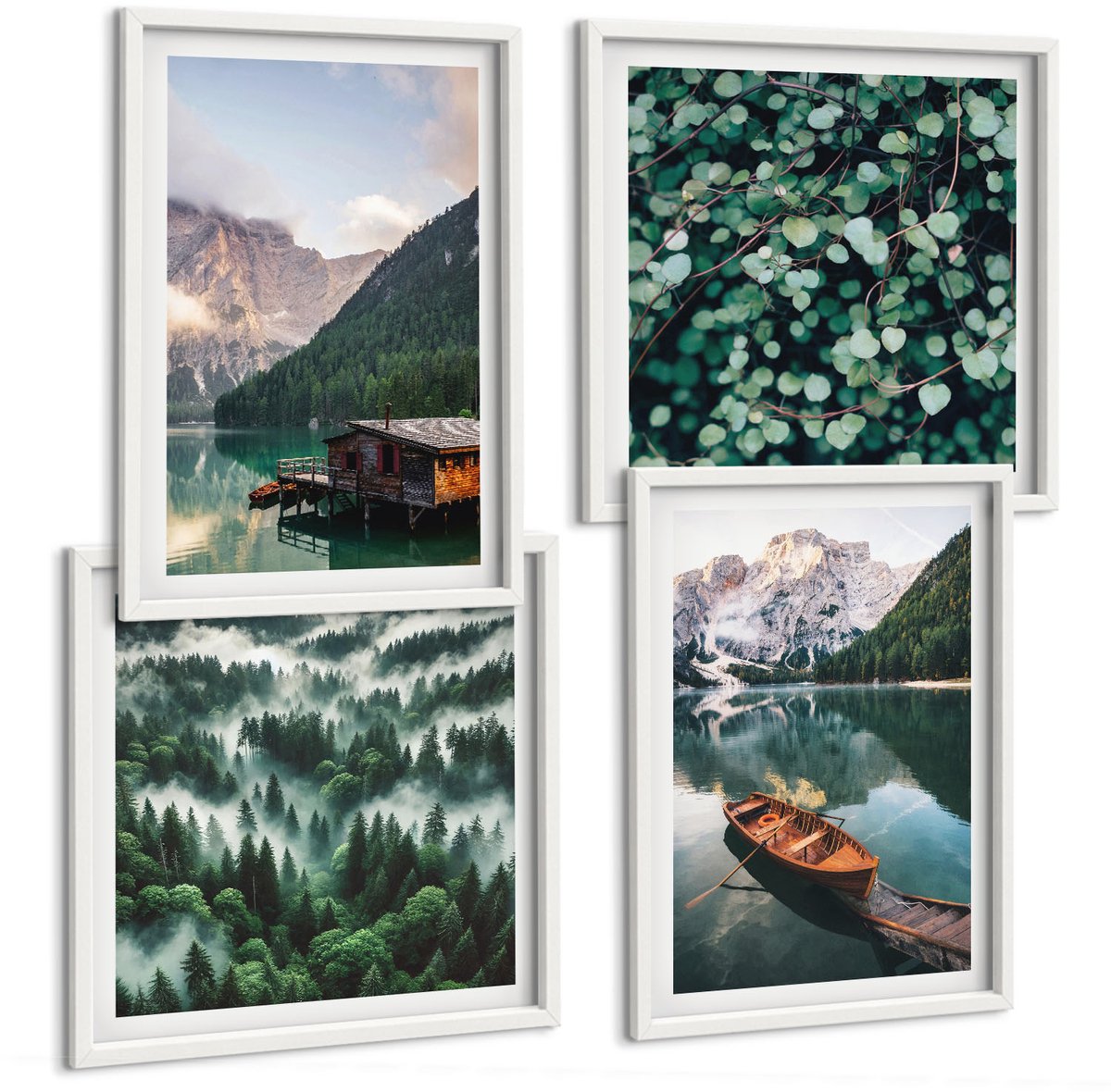 Wallfluent 4-Delige Schilderij Set - Berglandschap Met Een Meer, Een Boot En Een Bos In De Mist. - 40 x 40 En 40 x 60 - Wanddecoratie - Moderne Interieurdecoratie - Decoratieve Schilderijen