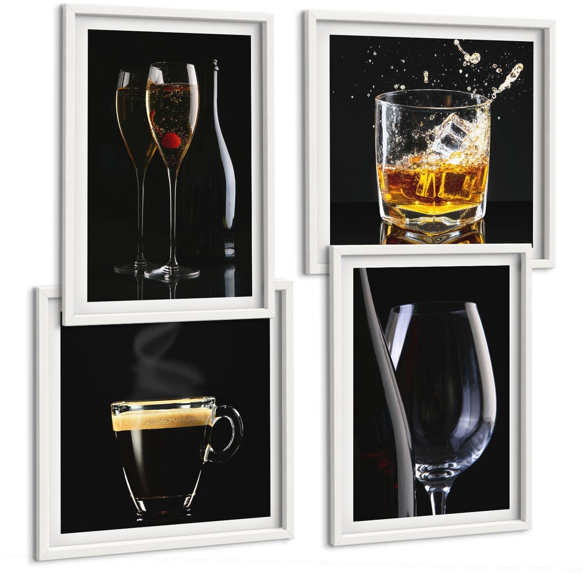 Wallfluent 4-Delige Schilderij Set - Whisky Wijn Champagne Koffie Dranken Alcohol - 40 x 40 En 40 x 60 - Muurdecoratie - Wanddecoratie - Hal - Decoratieve Schilderijen