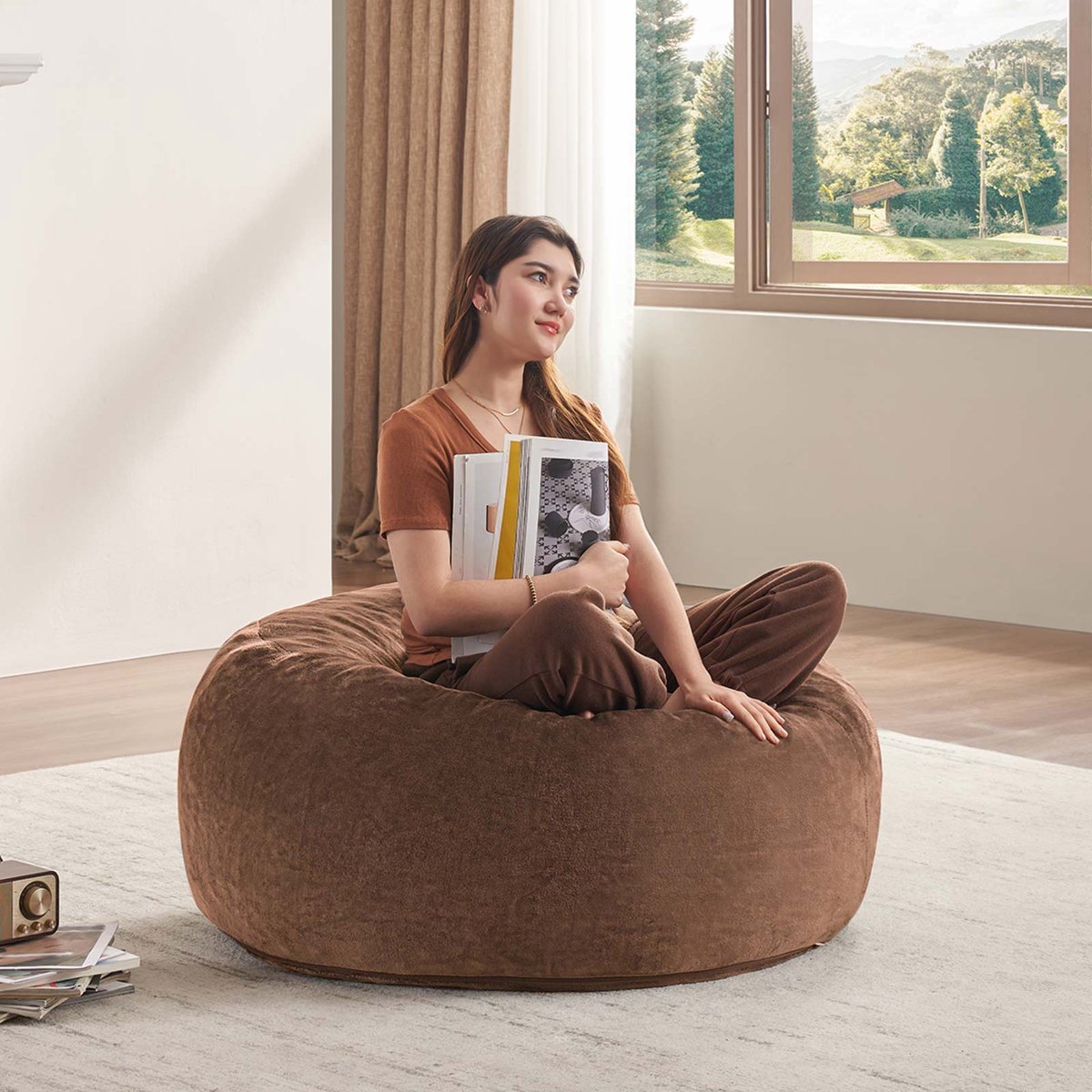 COVREO Zitzak stoel 90x90x50 cm Coffee spons zacht en comfortabel voor volwassenen binnen