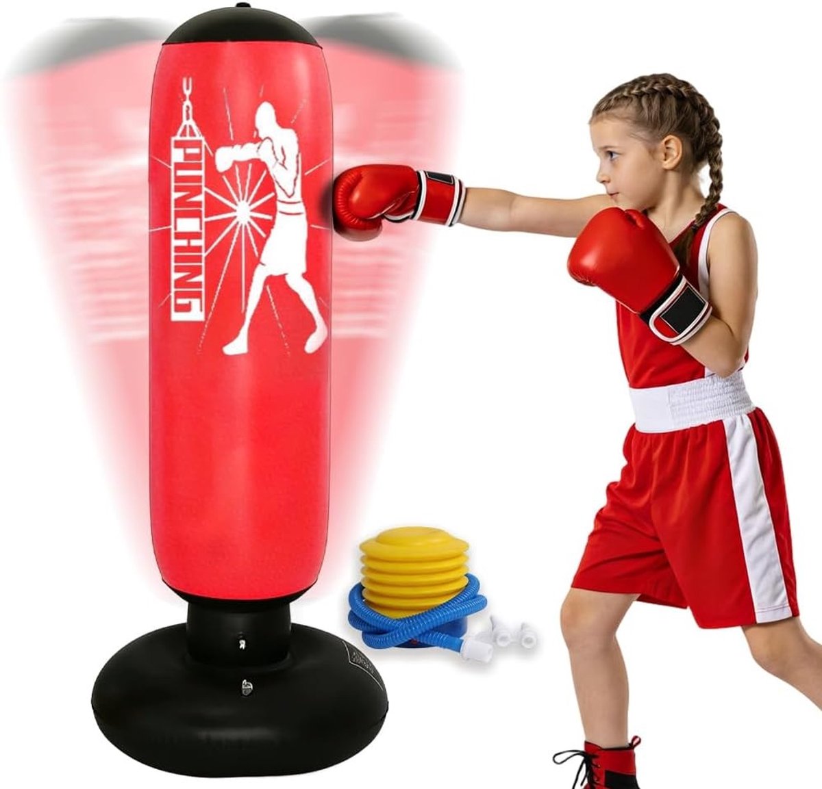 Vrijstaande Bokszak voor Kinderen, 160 cm, Opblaasbare Bokszak met Luchtpomp, Ideaal voor MMA Training, Vechtkunsten en Boksen voor Jongens en Meisjes vanaf 6 Jaar