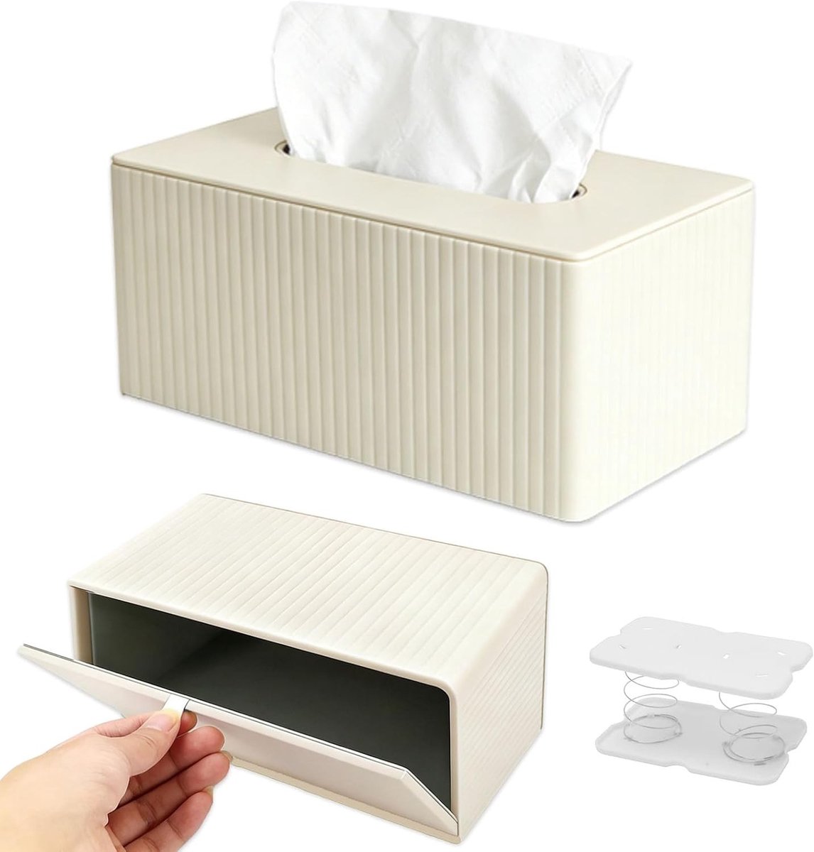 Elegante zakdoekdoos van PU-leer met magnetische bodemafdekking voor badkamer en woonkamer, beige gestreept, 25 x 14 x 10,8 cm, praktische zakdoekdispenser, stijlvol en functioneel