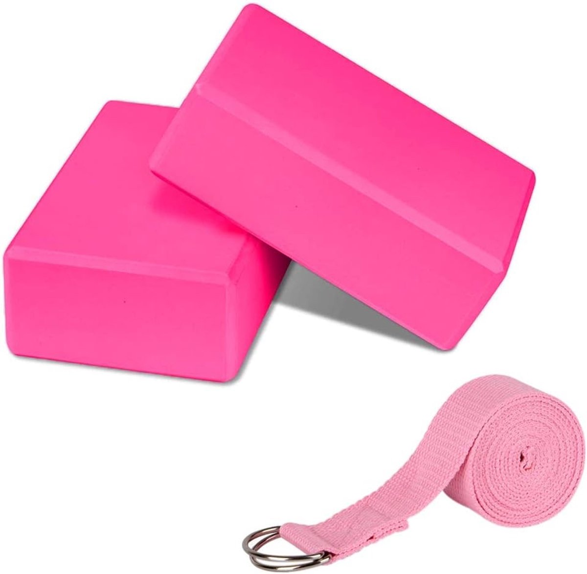 2 Stuks Yoga Blokken Set van Hoge Dichtheid EVA Schuim, Antislip met Yoga Strap en Metaal D-Ring voor Verbetering van Balans en Flexibiliteit in Yoga, Pilates en Meditatie (Roze)