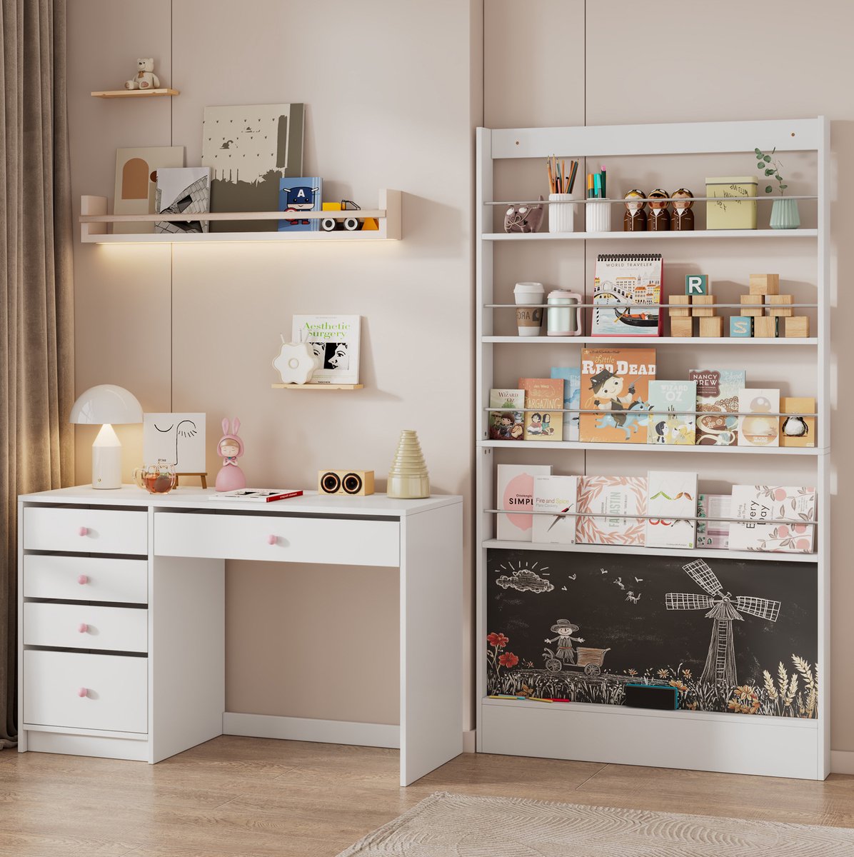 Wishdor Bureau met boekenrek - 4 lades en zwartbord - Opbergvak links en open vakken rechts - Voor studie tekenen en opbergen - Kinderen - Wit - 120 x 45 x 74 cm