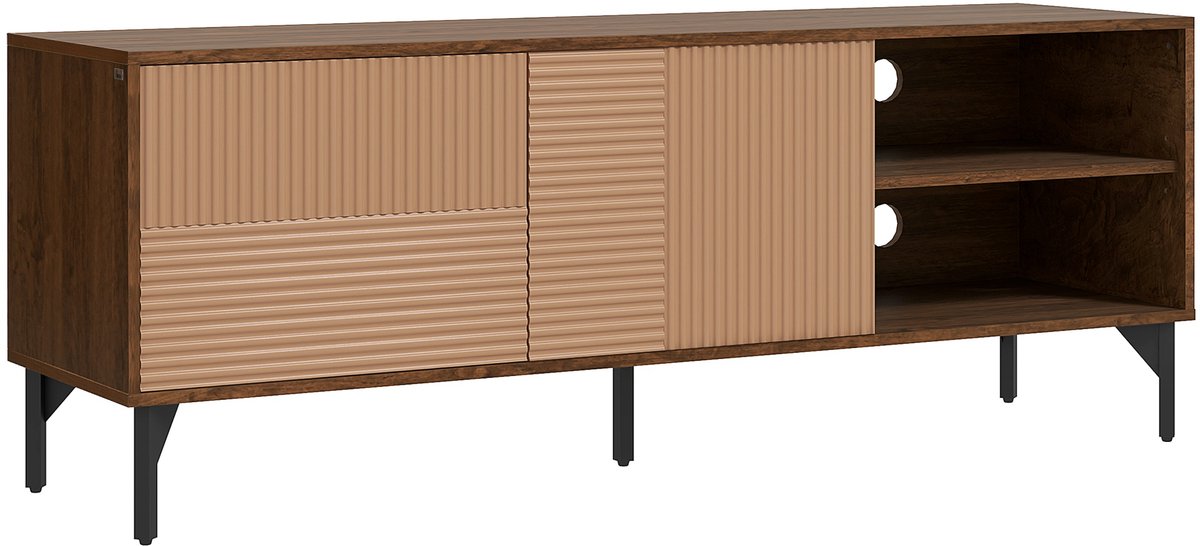 ECTEATOY®TV-Meubel voor TV's tot 65 Inch - TV-Kast met 2 Deurtjes en Open Vakken - Lowboard met Kabelgat - 150x40x56 cm - Bruin
