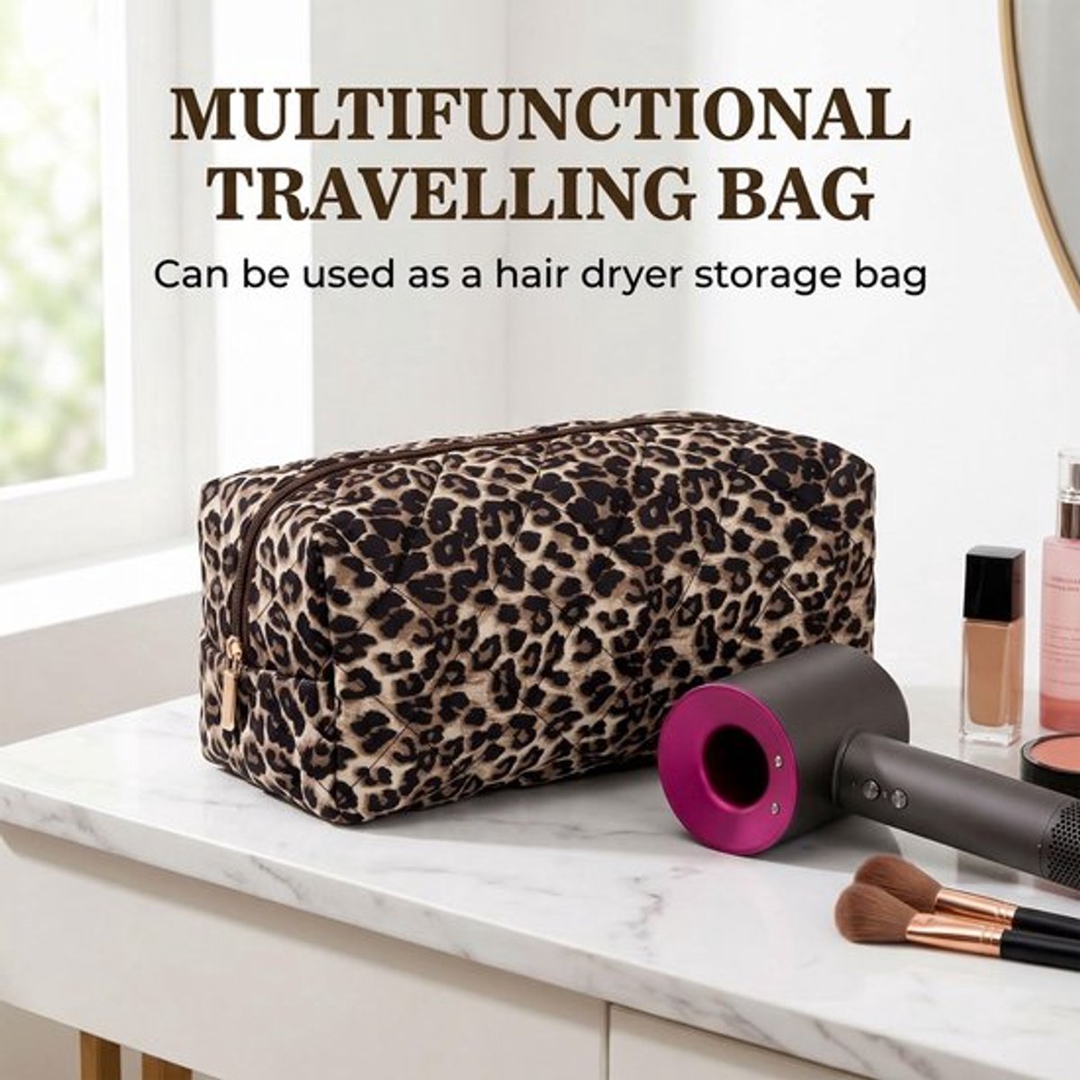 Namajunas - Toilettas voor dames - Reistas voor föhn - Organizer voor Dyson Airwrap en Airstrait - Grote toilettas - Reisorganizer voor föhn en haarstylingaccessoires - 100% katoen - 35 x 15 x 10 cm - Luipaardprint, geruite stiksels, met vakjes thumbnail 5