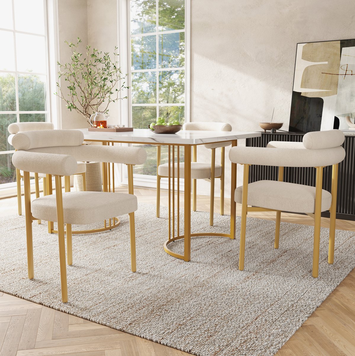 Wishdor Eetkamerstoel set van 4 - Met armleuningen en brede zitting - Ergonomische rugleuning - Modern design - Eetkamer woonkamer kantoor - Beige en goud - 70 x 62 x 84 cm