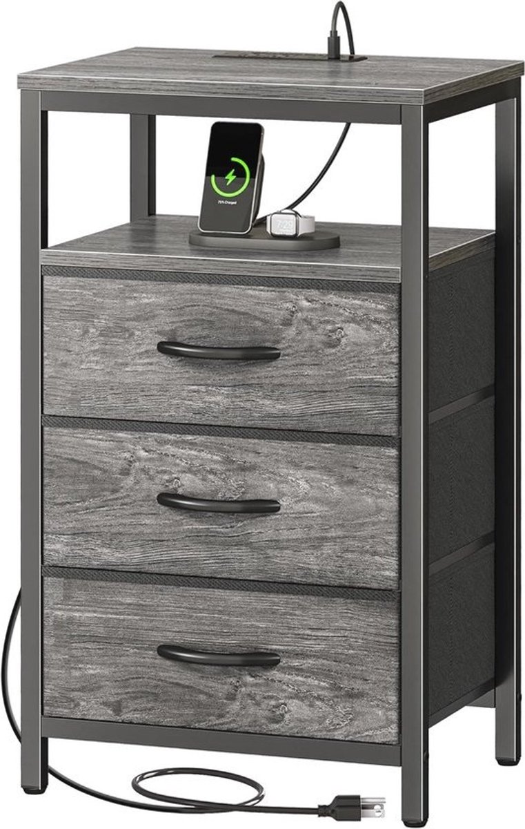 Nachtkastje met Laadstation en USB-poorten, Moderne Bijzettafel voor Slaapkamer, Grijs