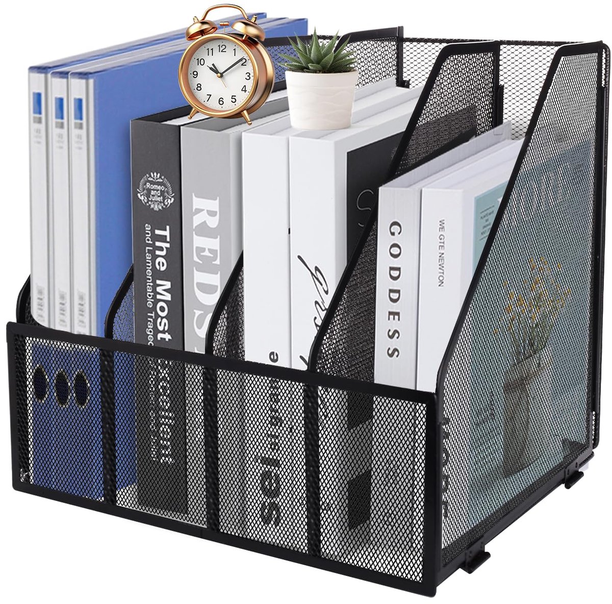 Famanu A4 tijdschriftenhouder van mesh met 4 secties, documenthouder voor een opgeruimd bureau, papieren organizer, archiveringsrek, zwart