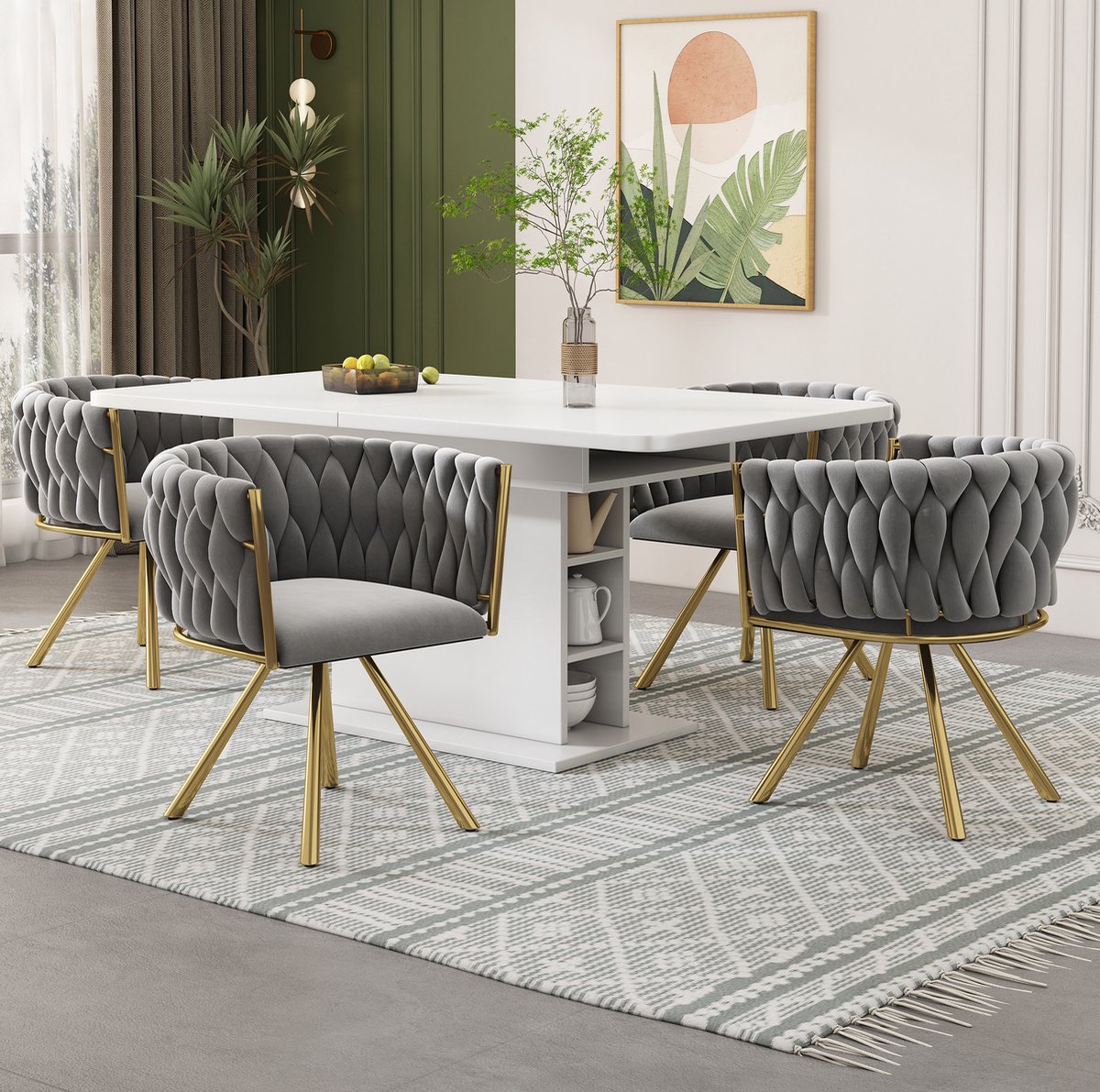 Wishdor Eetkamerstoel draaibare kuipstoel - Velvet zitting en armleuningen - Metalen vierpoot - Grijs en goud - set van 4 - voor eetkamer woonkamer - 59 x 54 x 72 cm