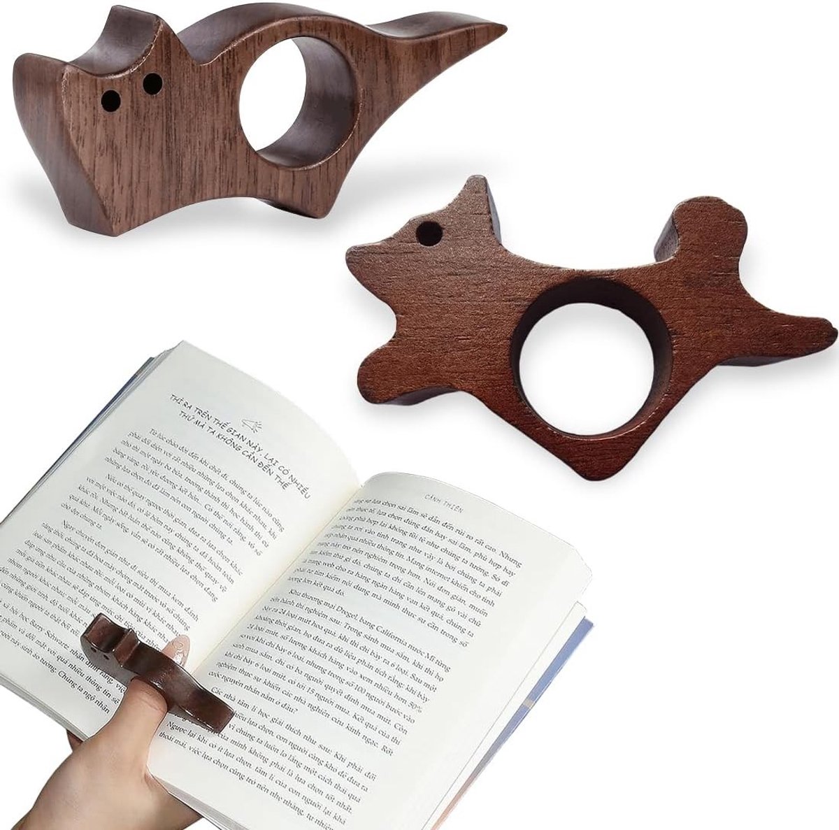Houten boekzijhouders met katten- en hondenfiguren, 2 stuks, ideaal voor boekenliefhebbers, 22 mm binnendiameter, stijlvolle pagina-houders voor een opgeruimd boekenplankje