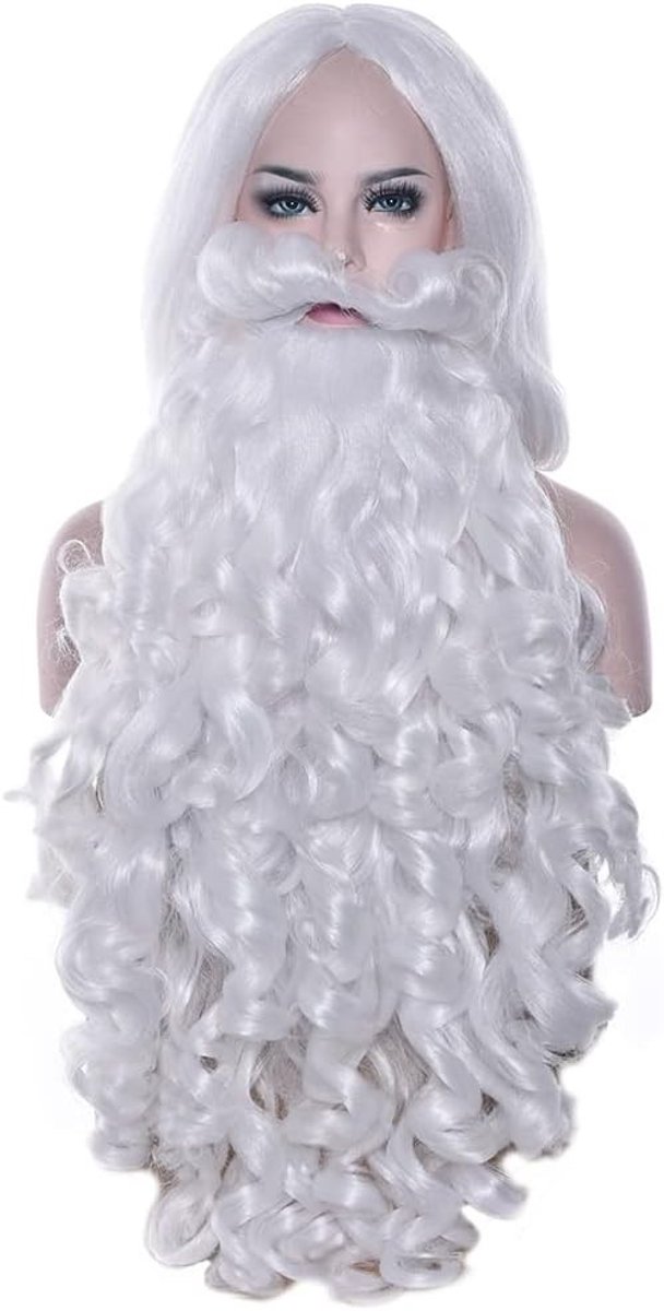 Langharige Kerstman Kostuums met Witte Peruc en Baard Set - Perfect voor Cosplay en Feestdagen (60 cm Baard en Peruc)
