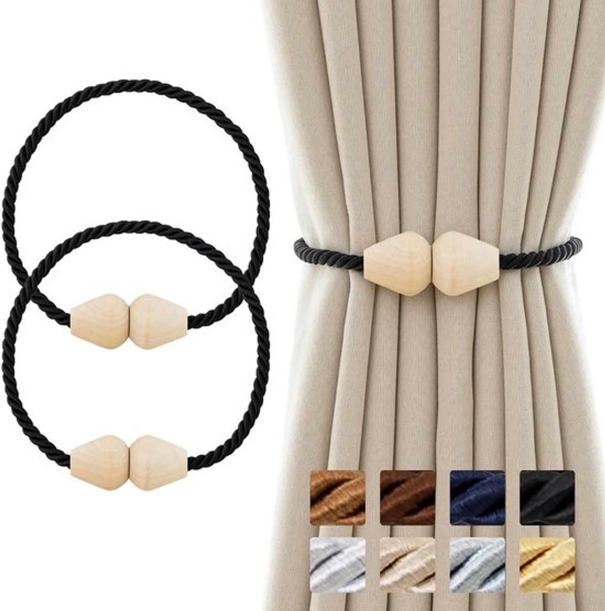Gordijnbinders Magnetisch - Gordijnbacks Touw - Ramen Decoreren - Natuurlijke Houten Kralen - 45 cm - Zwart