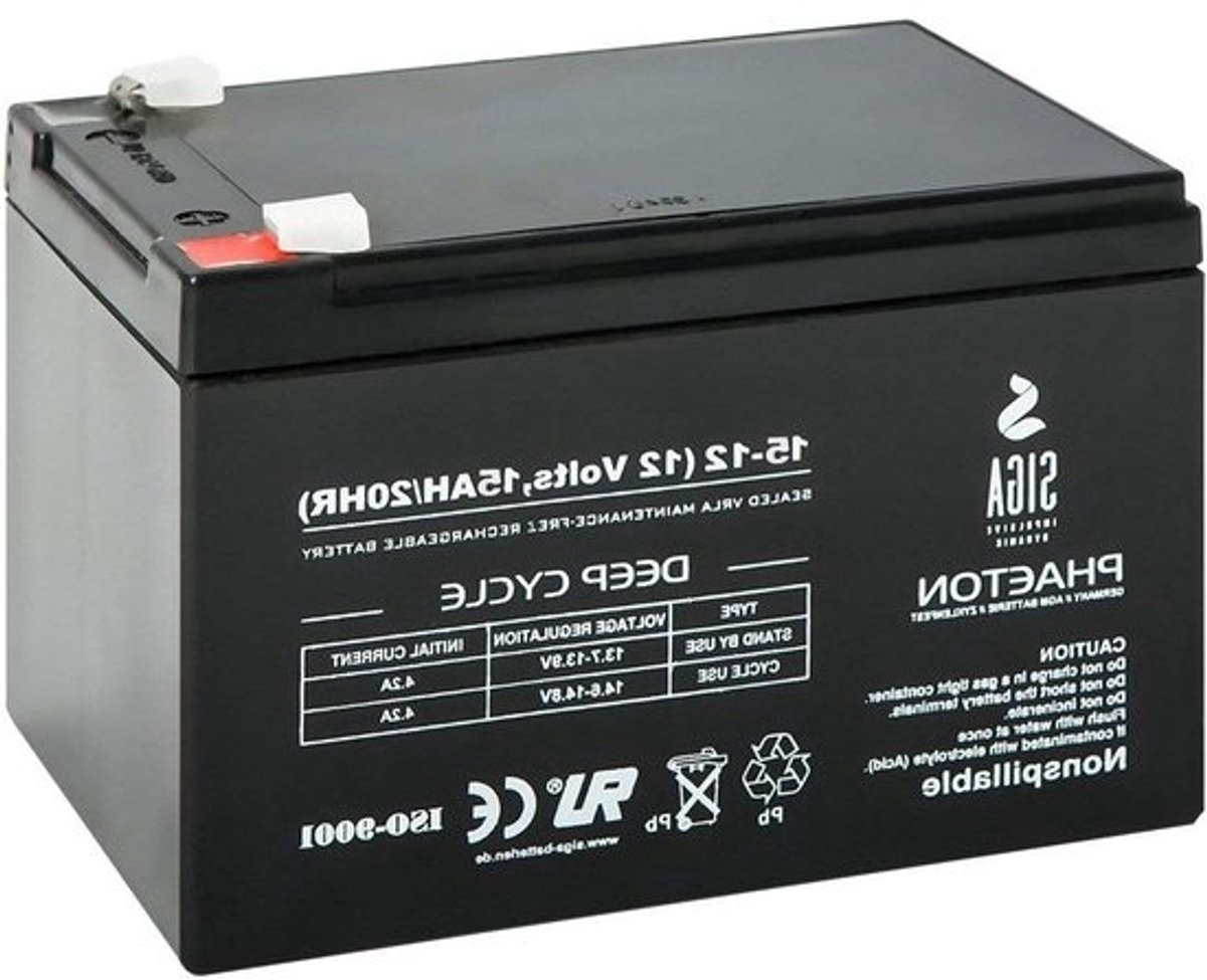 AGM Accu - Deep Cycle Batterij - Energie Opslag - Hoge Cyclusstabiliteit - 15 Ah 12 Volt - Zwart