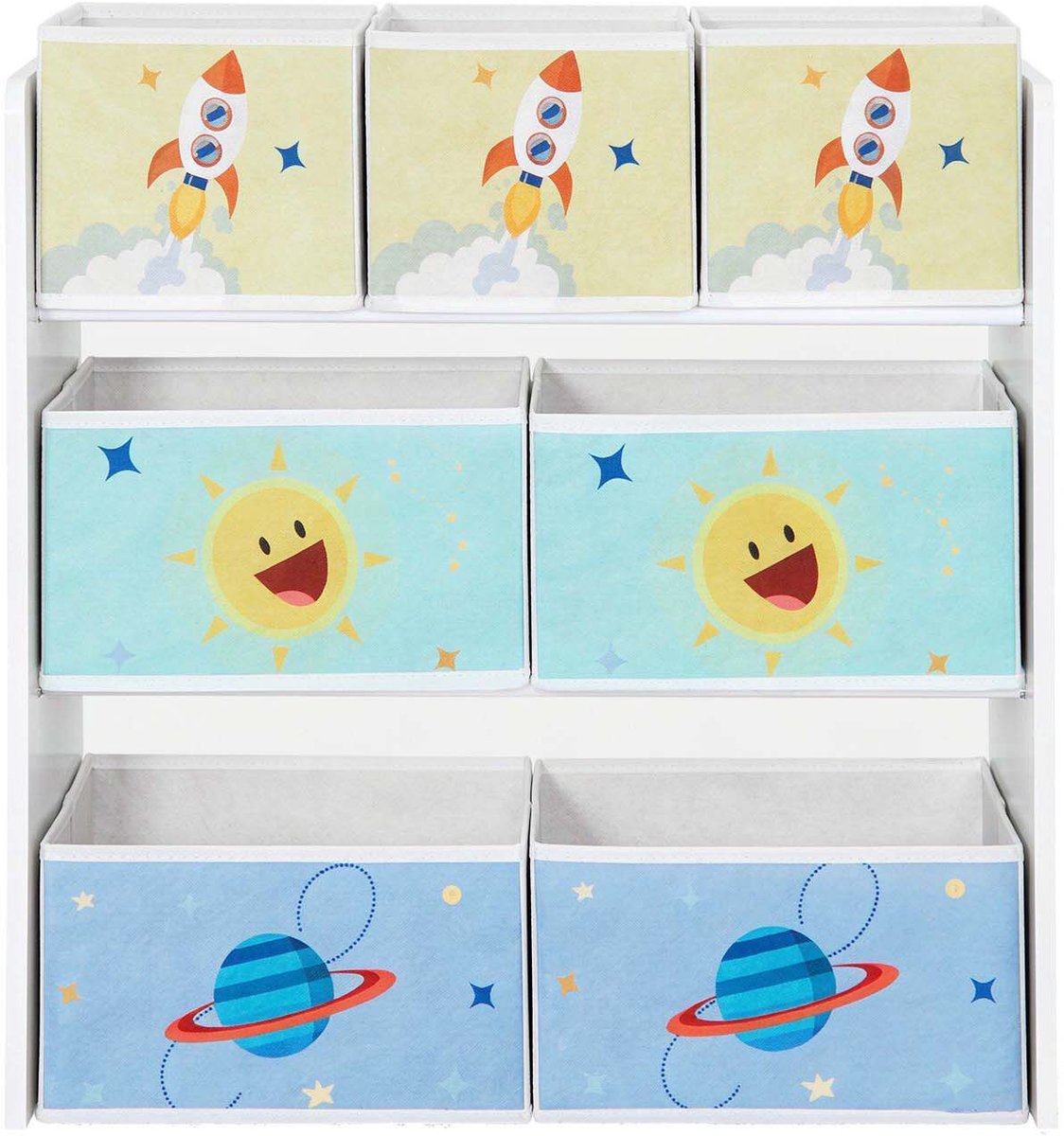 Opbergrek speelgoedopberger boekenkast 29.5 x 62.5 x 60 cm wit met 7 uitneembare opbergboxen multifunctioneel opbergdesign afgeronde hoeken stabiel en veilig eenvoudig te monteren geschikt voor kinderkamer speelkamer en slaapkamer