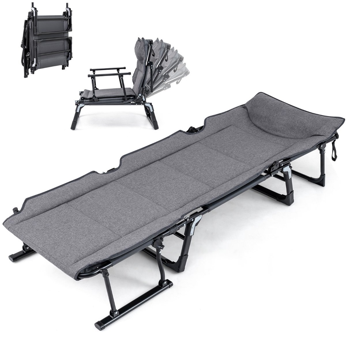 SureDeal® - Bedd - Campingbed Opvouwbare Ligstoel - Klapstoel Tuinstoel - Verstelbare Rugleuning - Hoofdsteun - 180x66,5x38 cm - Grijs