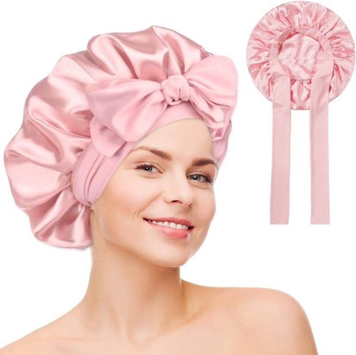 Zijden Slaapmuts - Haarmuts Krullend Haar - Bescherming 's Nachts - Verstelbare Brede Band - 16.5 x 16.5 cm - Roze