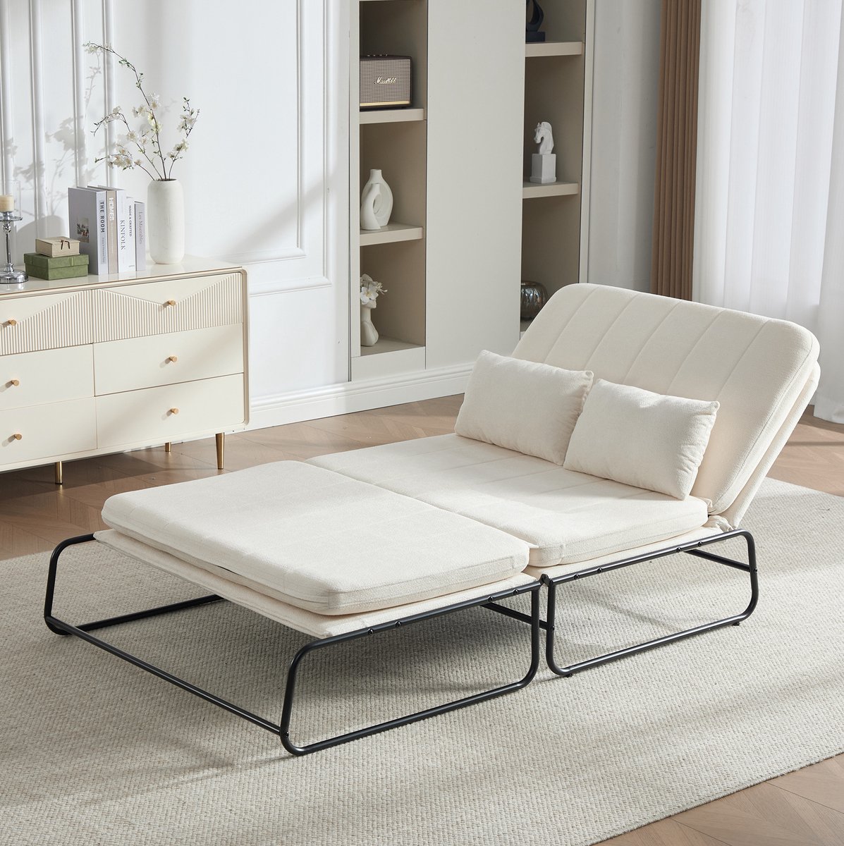 MODENUIT Slaapbank 104 x 92 cm - Uitklapbaar Bed - Voor Woonkamer, Werkkamer En Logeerkamer - Chenille - Beige