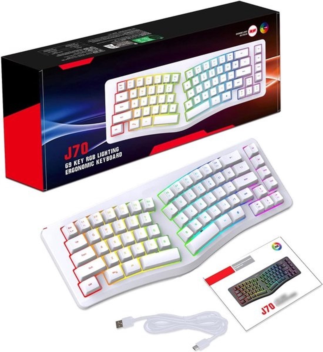 Ergonomisch Gesplitst Toetsenbord - Split Toetsenbord - Comfortabel Typen - 69 Toetsen RGB - 39x16x5 cm - Wit
