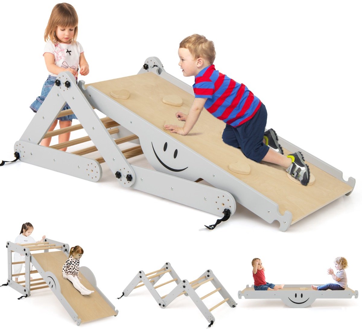 SureDeal® - Klimrekk - Montessori Klimset - Peuters Opvouwbaar Houten - Omkeerbare Schommelhelling Gekleurde - 60x59x60 cm - Naturel