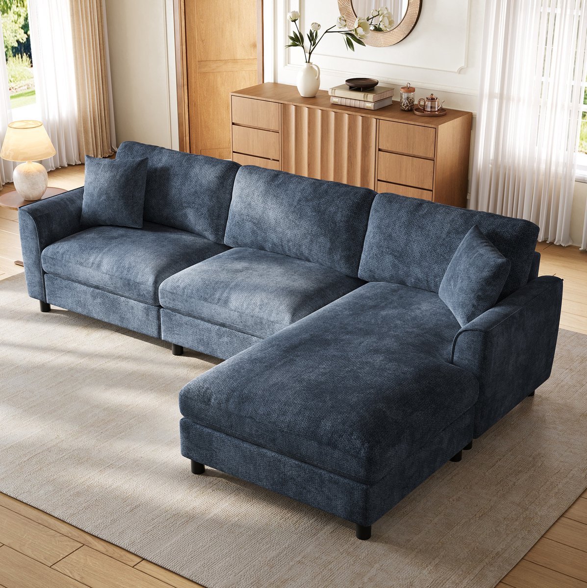 MODENUIT Hoekbank 256 x 137 x 79 cm - Omkeerbare Chaise Longue - Voor Woonkamer - Chenille - Blauw