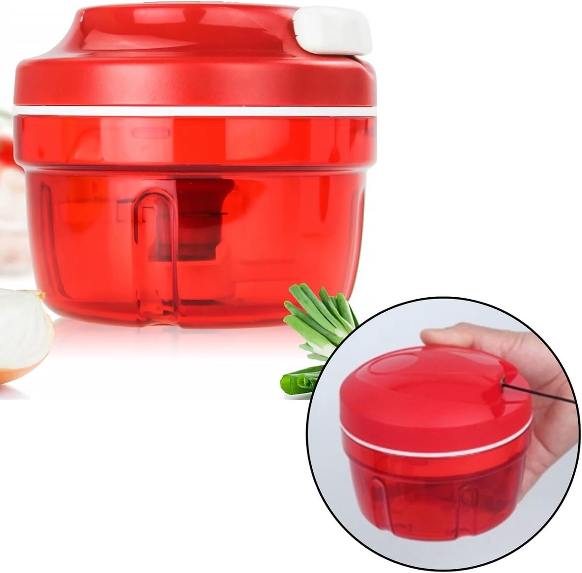 ECTEATOY® Food Chopper - Kitchen Groentesnijder met trekkoord - 300ml - Uiensnijder en Food Chopper voor groenten, noten en salades - RVS - rood