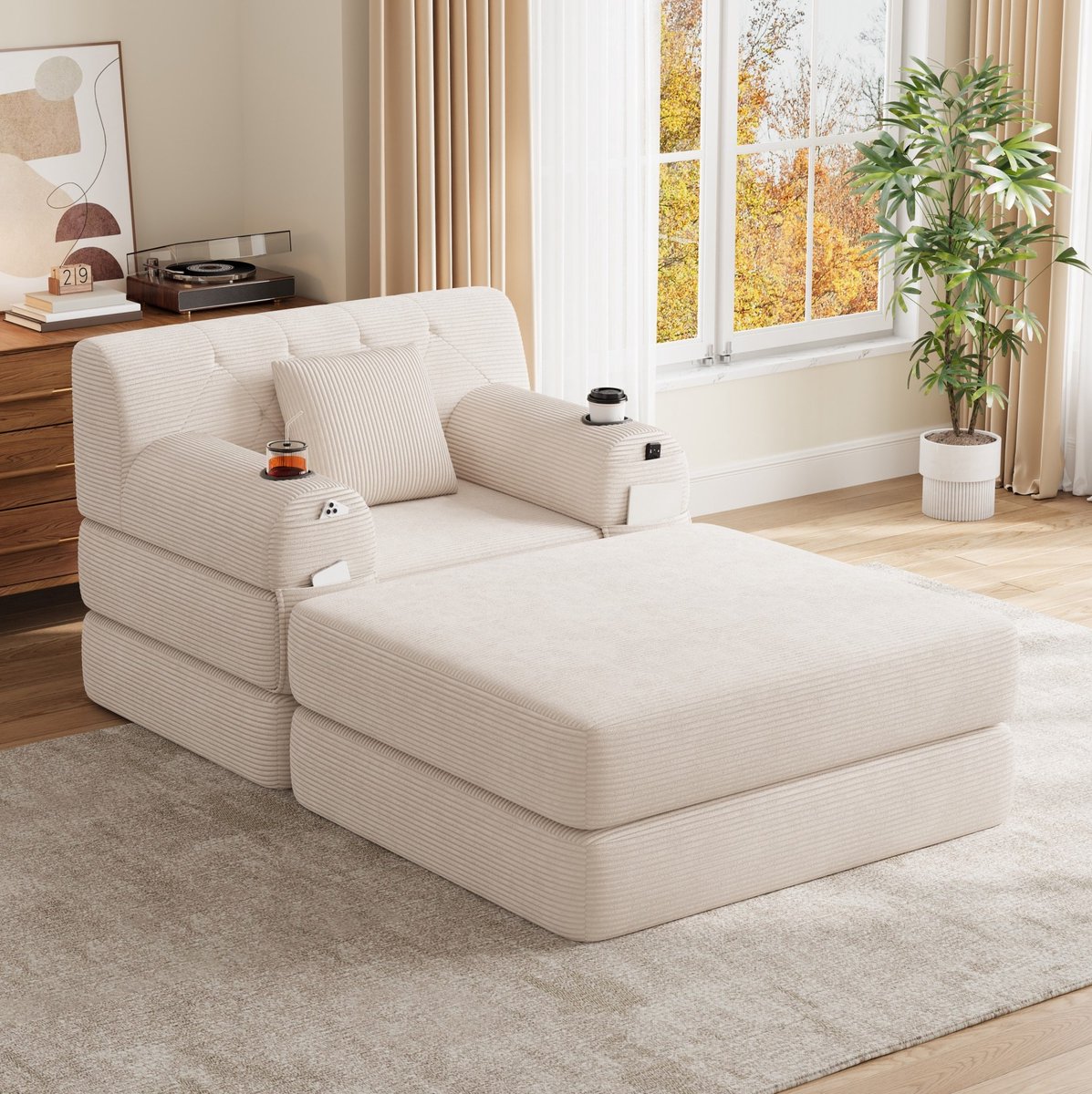MODFU - Slaapbank - 1-Zits - Corduroy - Beige - Met Slaapfunctie - Hoge Rugleuning