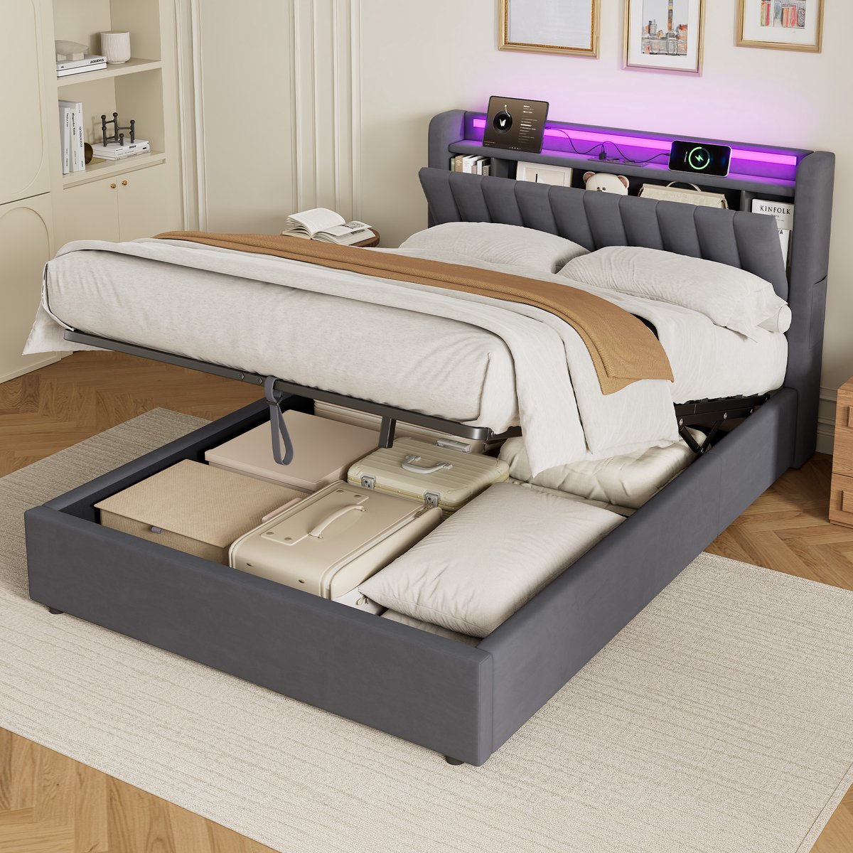 MIVRAY Bedframe 140 x 190 cm – Opbergfunctie En Usb-Aansluiting – Fluweel, Metaal En Hout – Donkergrijs – Met Ledverlichting Voor Slaapkamer