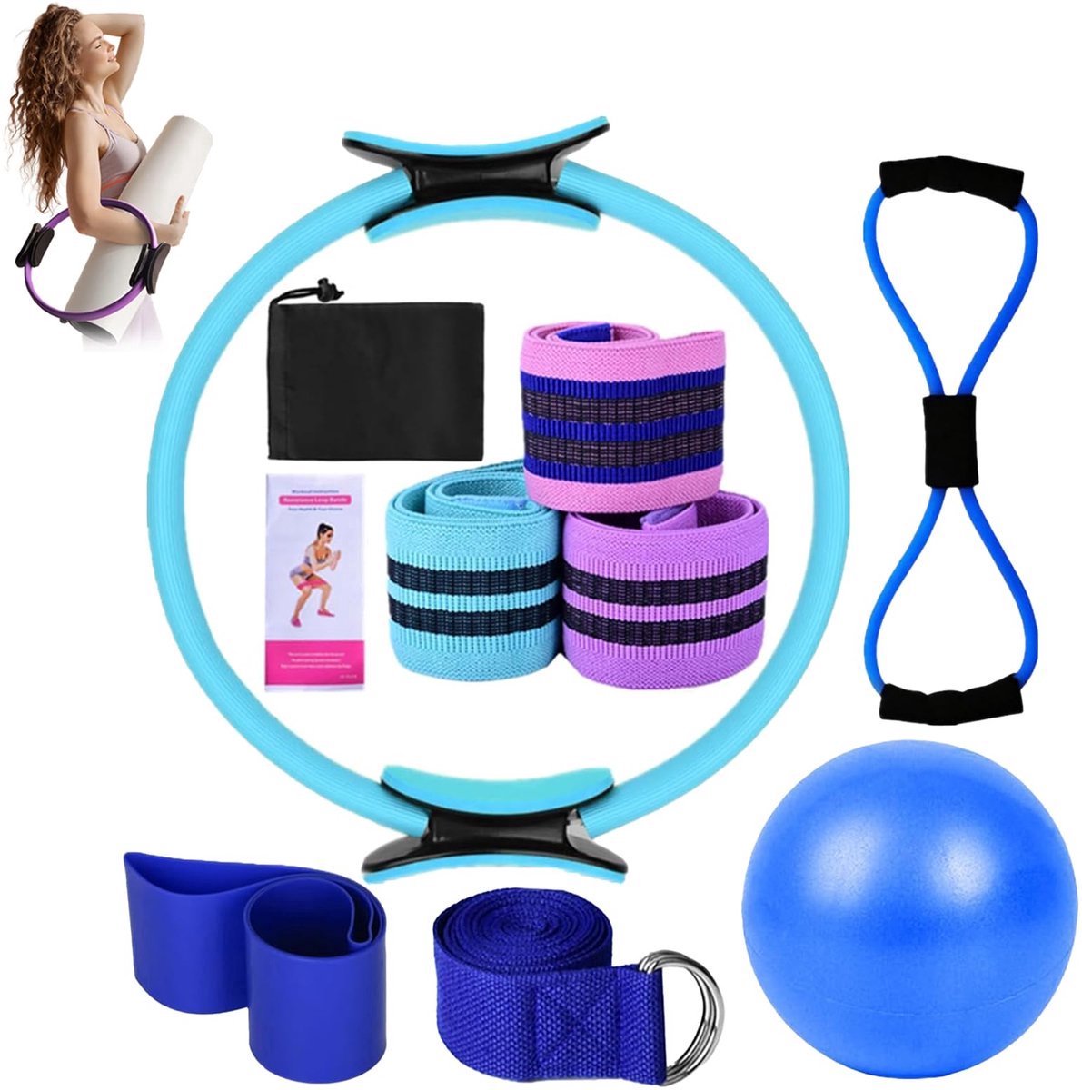 casalora® - Pilates Ring - Weerstandsbanden - Pilates bal - Yoga ring - Ideaal voor fitness en flexibiliteitsoefeningen - Complete Lichaamsverstevigingsset - Yogabanden voor stretching - Resistance band - Blauw - Accessoires voor Thuisgymnastiek