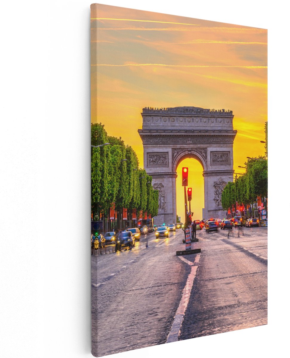 Artaza Canvas Schilderij Arc De Triomphe In Parijs Vanaf De Straat - 120x180 cm - Groot - Wanddecoratie Woonkamer - Schilderijen - Muurdecoratie