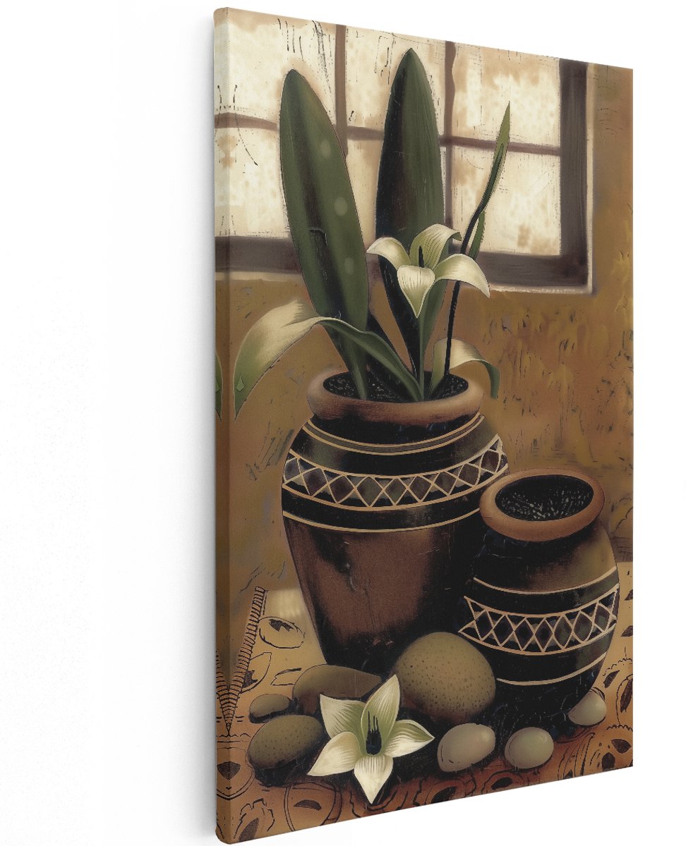 Artaza Canvas Schilderij Twee Potten met Bloemen op een Tafel - Bloemen - 120x180 cm - Groot - Wanddecoratie Woonkamer - Schilderijen - Muurdecoratie