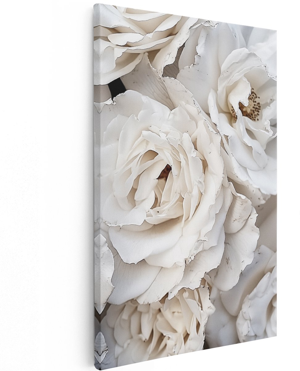 Artaza Canvas Schilderij Witte Rozen Close Up - Bloemen - 120x180 cm - Groot - Wanddecoratie Woonkamer - Schilderijen - Muurdecoratie