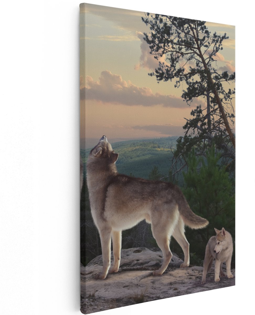 Artaza Canvas Schilderij Drie Wolven Op Een Rots In Het Bos - 120x180 cm - Groot - Wanddecoratie Woonkamer - Schilderijen - Muurdecoratie