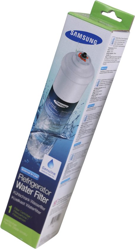 Blauw/groene Samsung verpakking voor in-line waterfilter, diagonaal geplaatst.