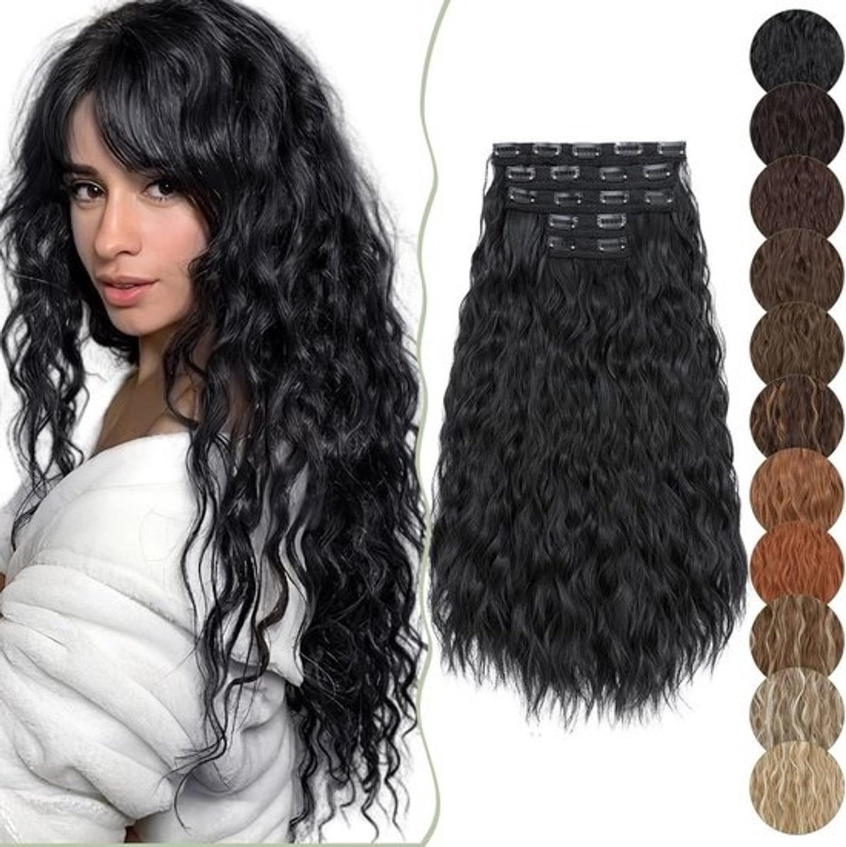 Clip-in Haarverlenging Set 60 cm - Golvend & Krullend - 250g - Zwart - Voor Vol Volume & Lengte