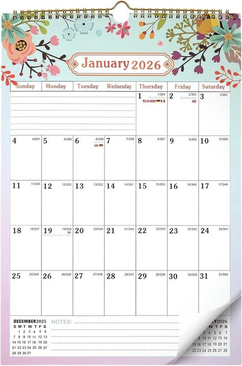 Wandkalender 2026-2027 Groot A3 Verticaal Maandoverzicht Gezinsplanner