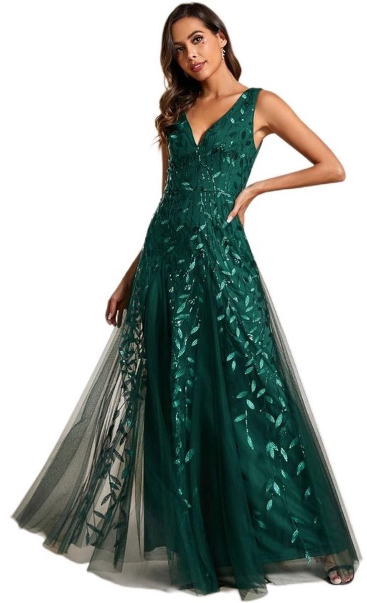 Dames Avondjurk met Sequins en Dubbele V-Hals | Mermaid Lengte | Tule met Geborduurd Patroon | 100% Nylon