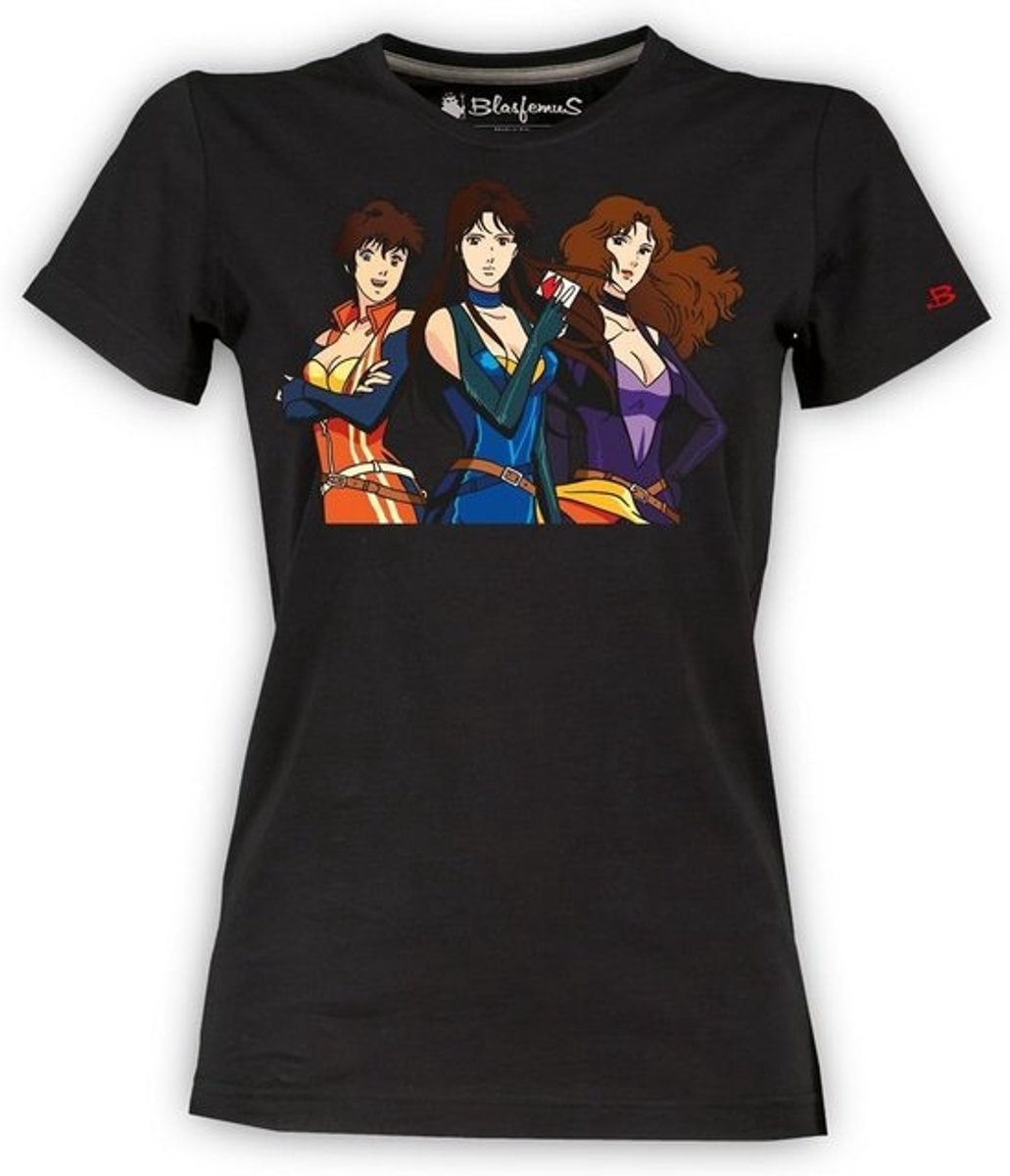 Dames T-shirt Zwart met Retro Kattenogen Cartoon Print | Maat L