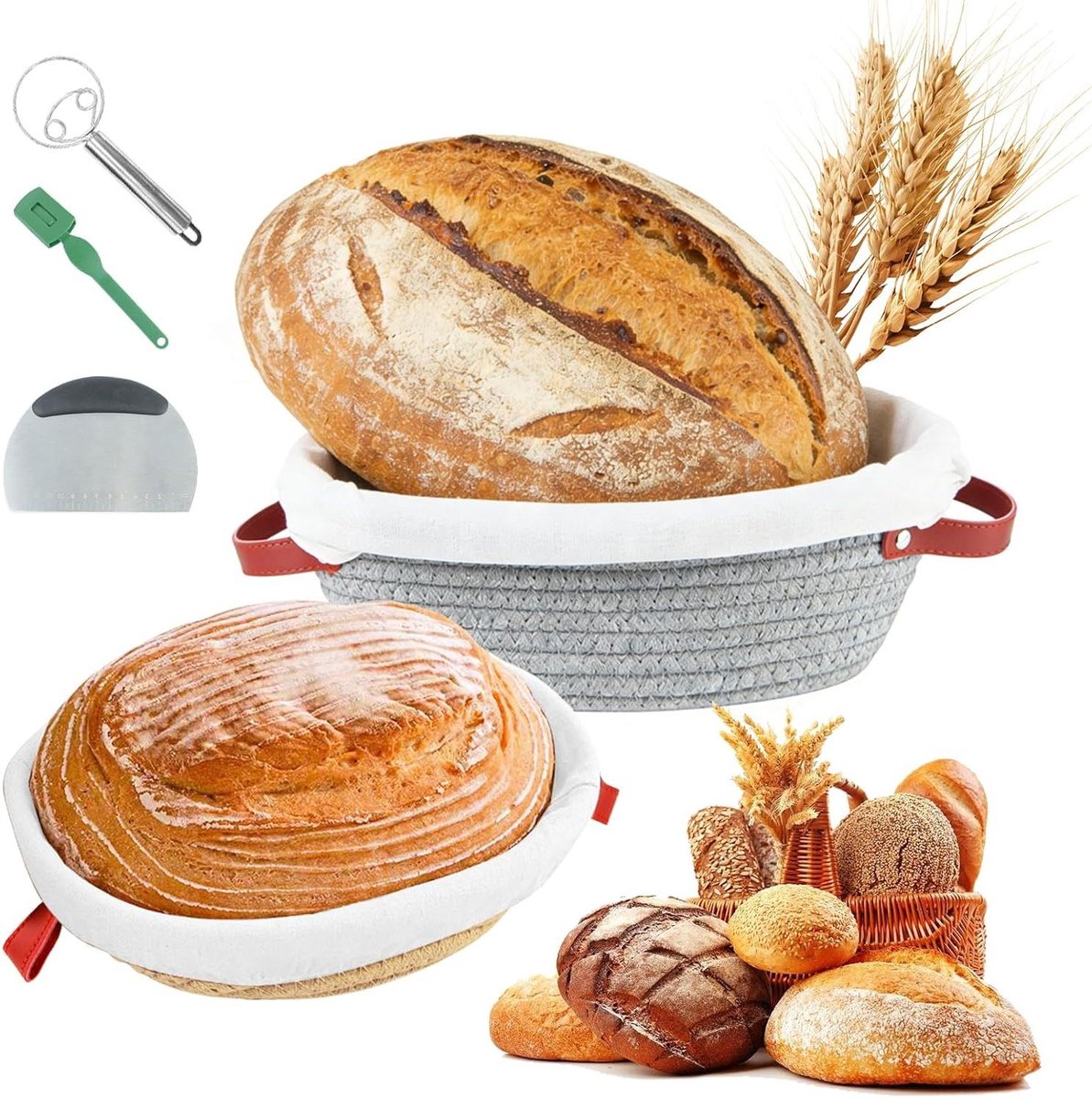 Broodmand Set - Rijsmand Gistingsmand - Brood Bakken - Splintervrij Katoen - 26 cm en 23 cm - Bruin