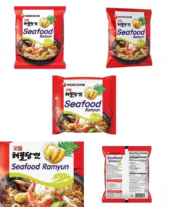 Rode verpakking met "Nong Shim Seafood Ramyun" en een afbeelding van een kom noedels met zeevruchten.