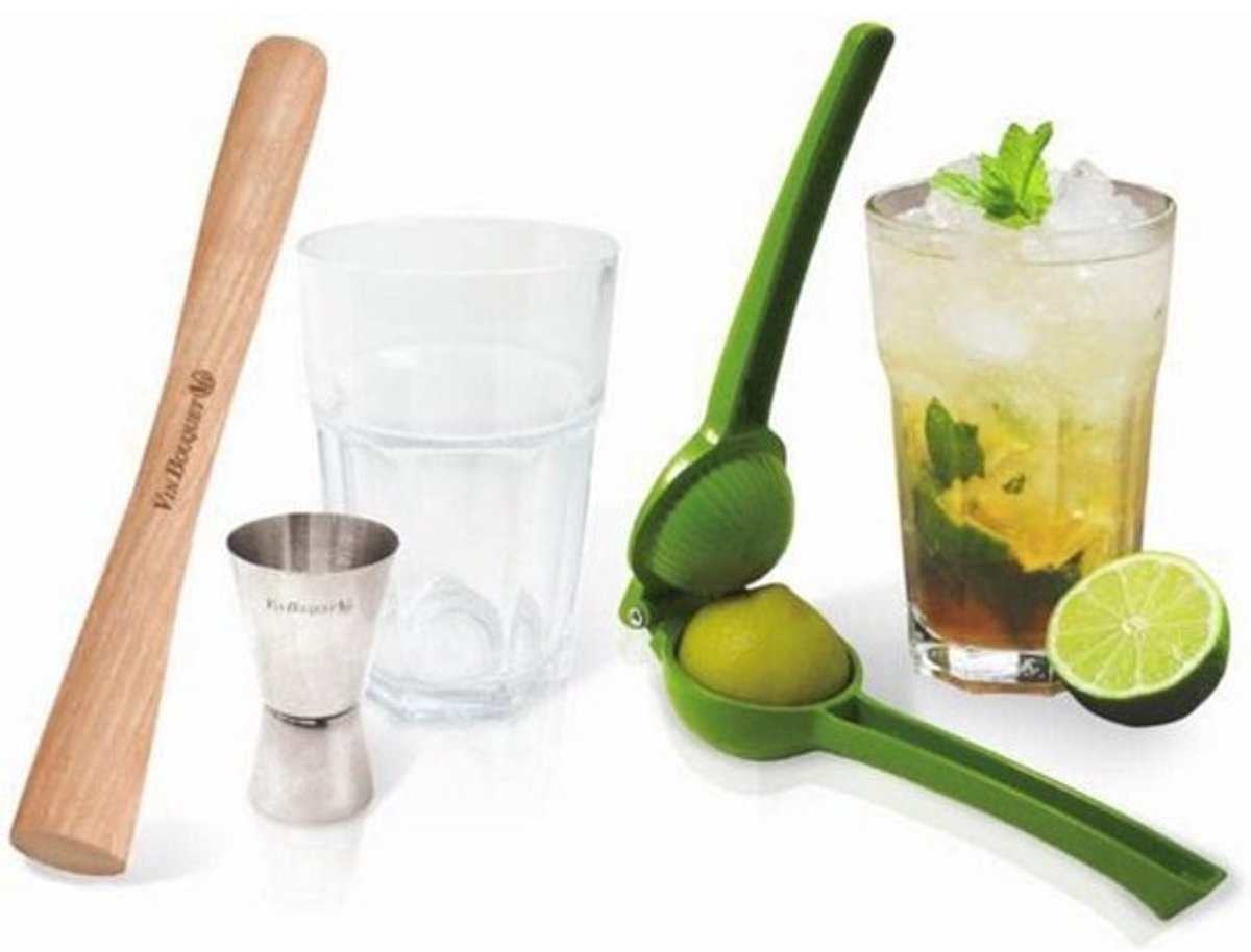 Mojito & Caipirinha Set - Compleet met Limoenknijper, Jigger, Houten Muddler en Glazen