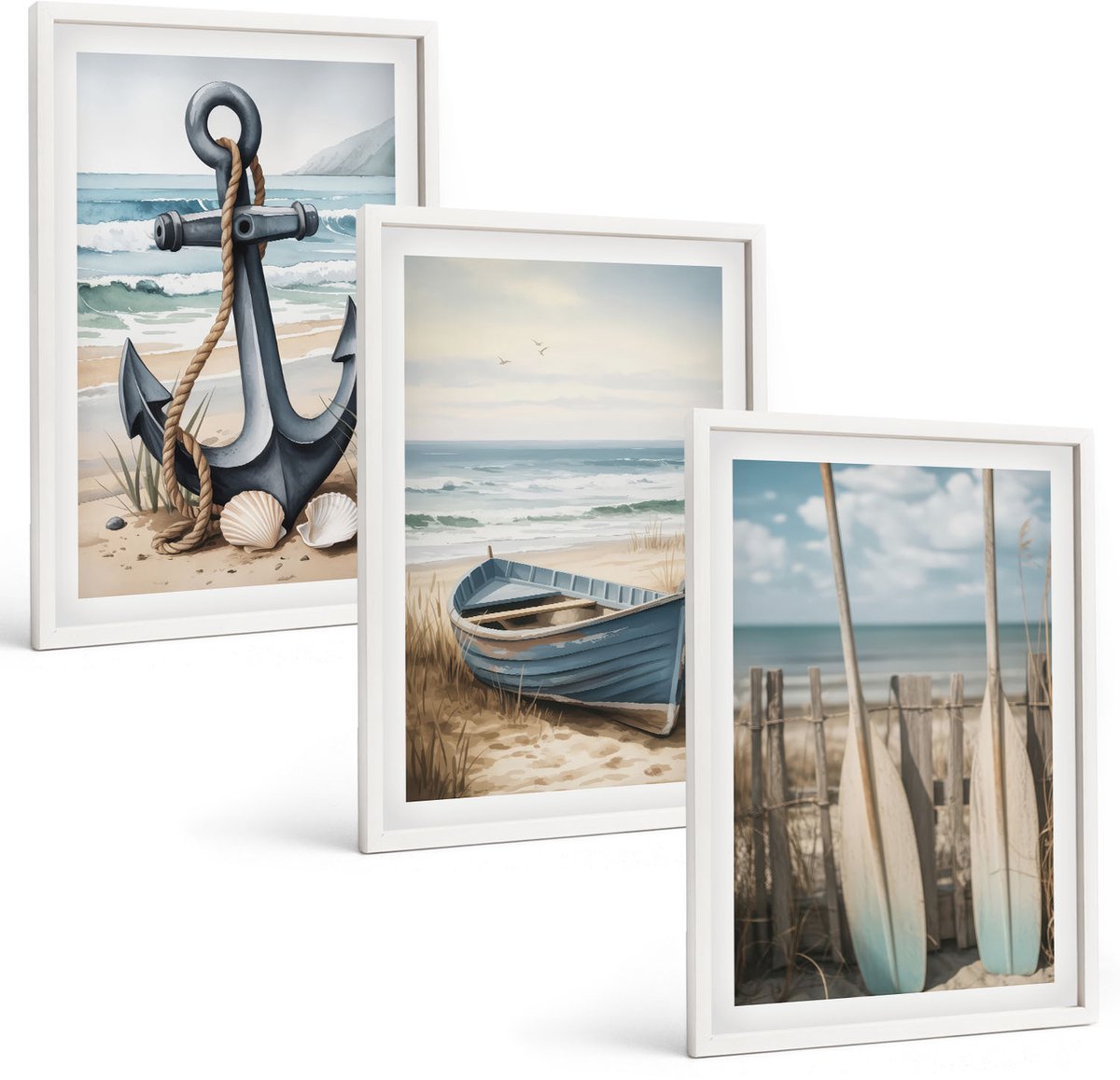 Wallfluent 3-Delige Schilderij Set - Bootanker En Roeispanen Op Het Strand Met De Zee - 40 x 60 - Wanddecoratie - Moderne Interieurdecoratie - Moderne Wanddecoratie