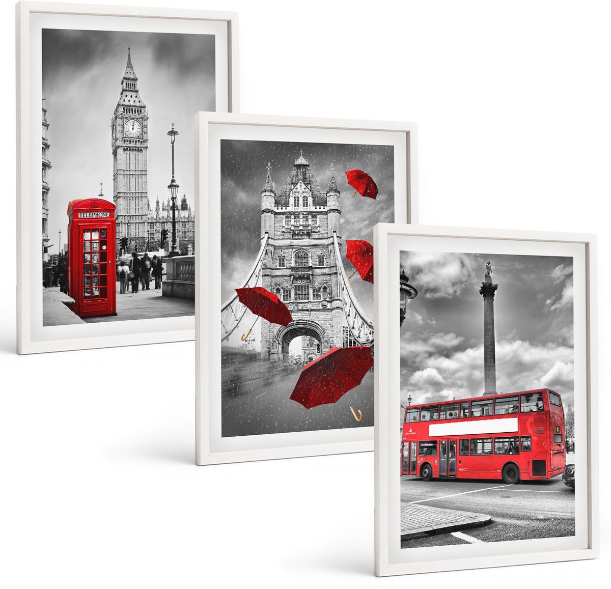 Wallfluent 3-Delige Schilderij Set - Uitzicht Op Londen Met Een Rode Paraplu En Een Bus. - 40 x 60 - Moderne Wanddecoratie - Woonkamer - Muurdecoratie