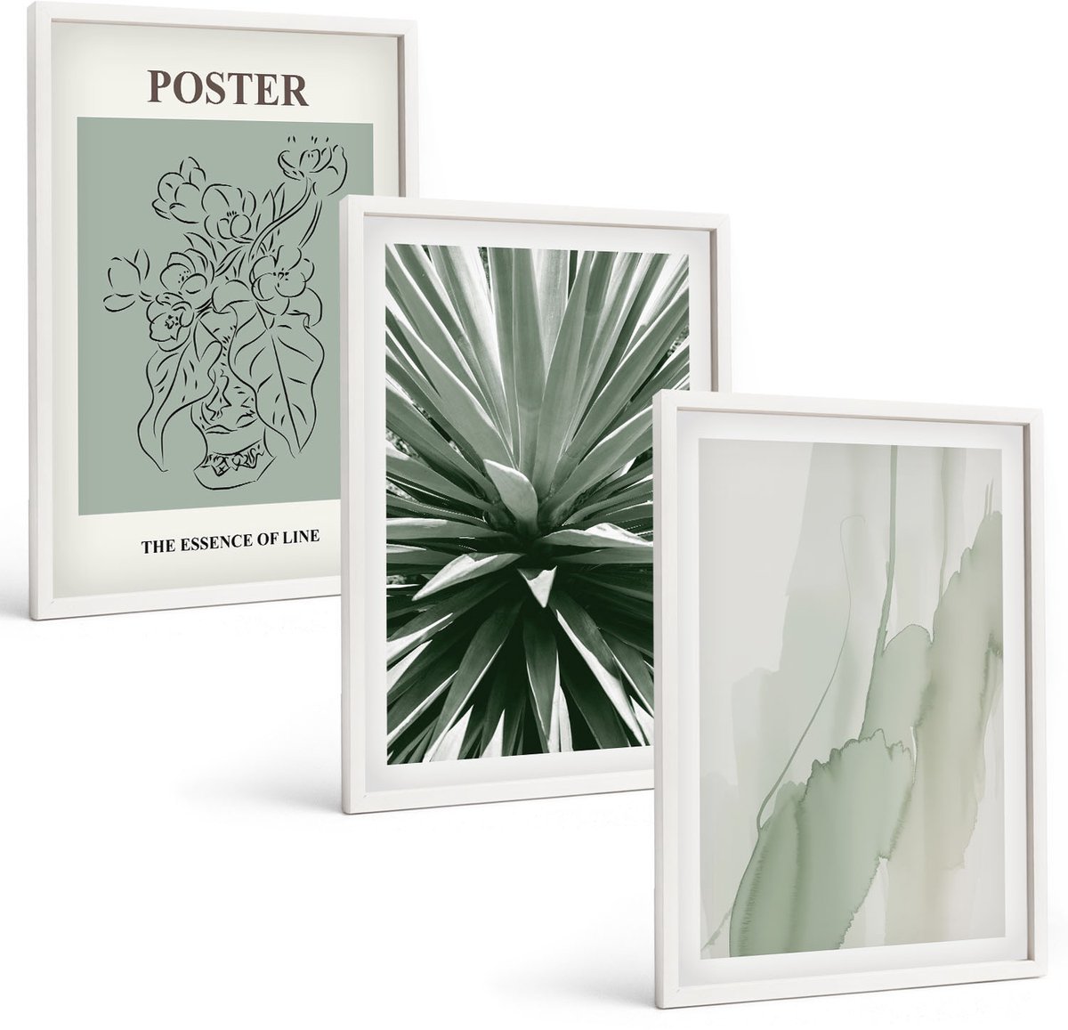 Wallfluent 3-Delige Schilderij Set - Plantenpatronen In Tinten Groen En Beige - 40 x 60 - Wanddecoratie - Schilderijen Set - Kantoor
