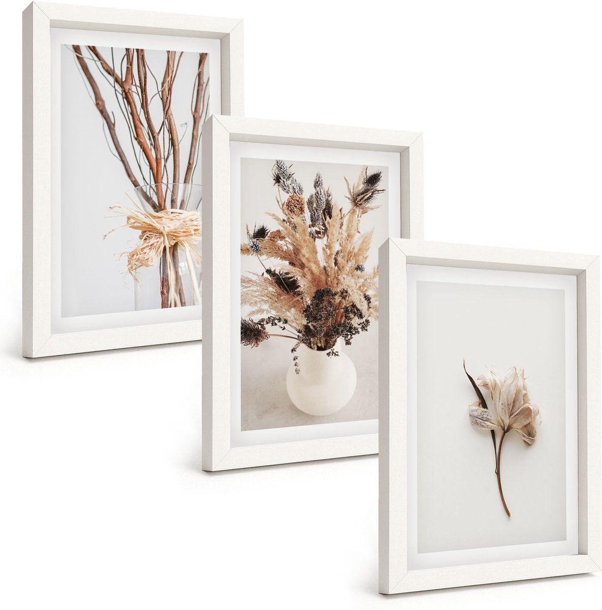Wallfluent 3-Delige Schilderij Set - Bloemen En Takken In Een Minimalistische, Natuurlijke Stijl. - 20 x 30 - Decoratieve Schilderijen - Wanddecoratie - Hal - Muurdecoratie