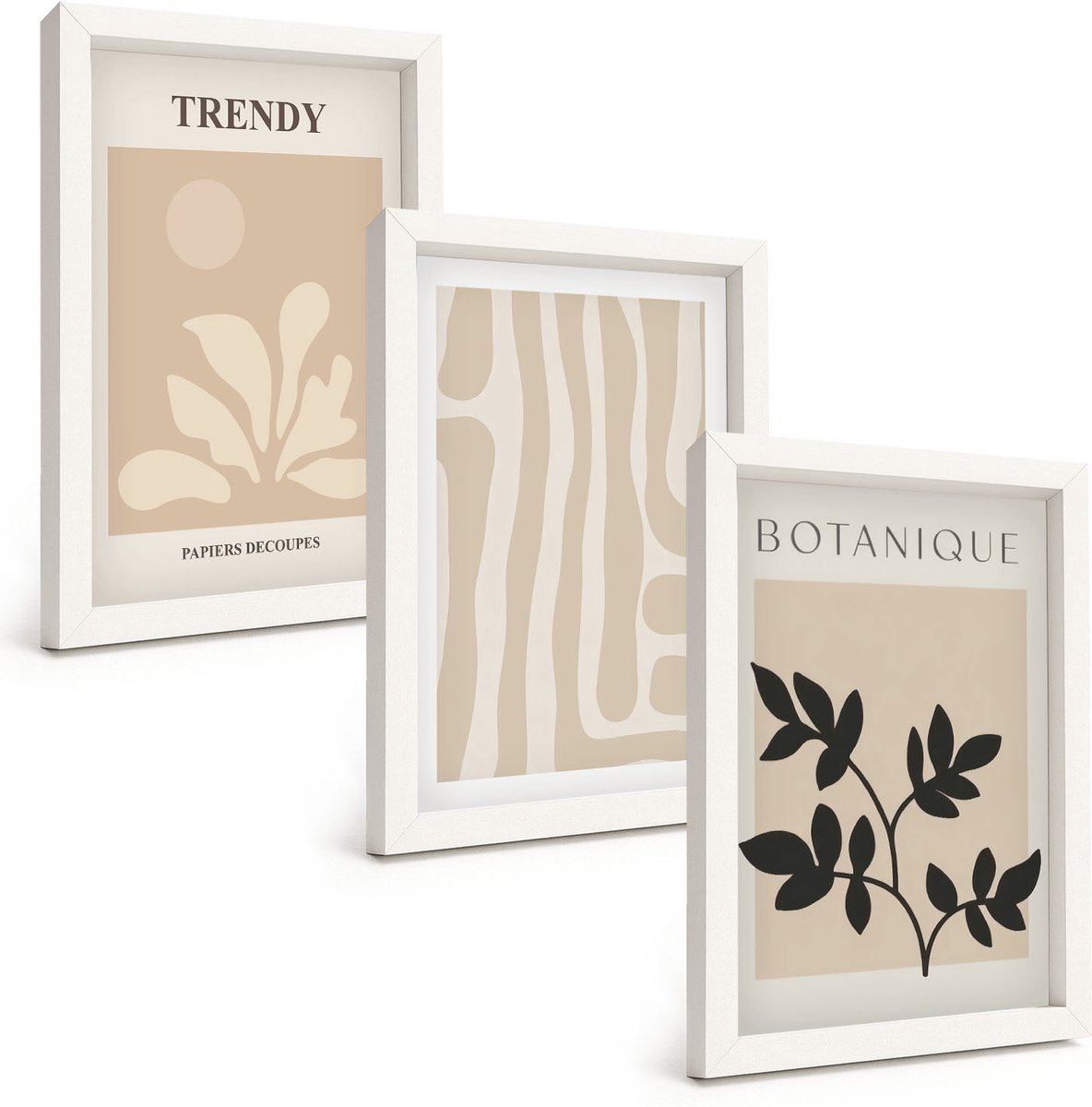 Wallfluent 3-Delige Schilderij Set - Stijlvolle Plantenpatronen In Beige En Zwarte Tinten. - 20 x 30 - Moderne Wanddecoratie - Slaapkamer - Muurdecoratie