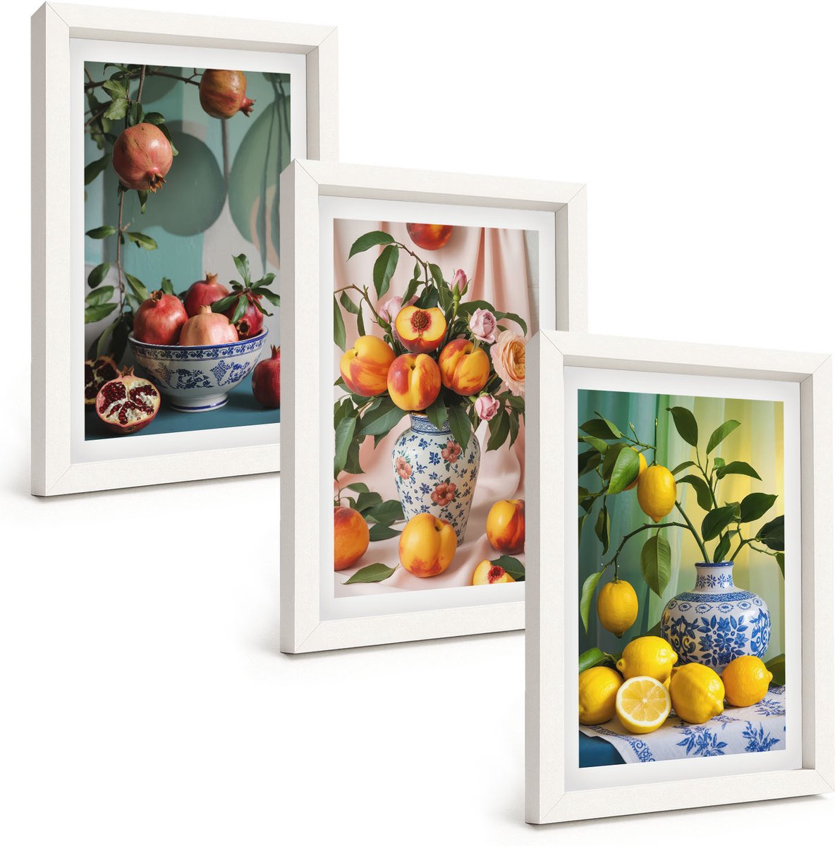 Wallfluent 3-Delige Schilderij Set - Granaatappels, Perziken En Citroenen In Vazen - 20 x 30 - Stijlvolle Wanddecoratie - Interieur - Stijlvolle Muurdecoratie