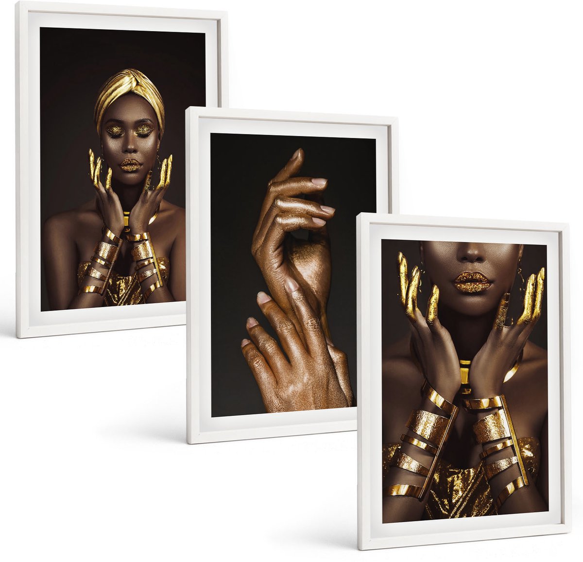 Wallfluent 3-Delige Schilderij Set - Elegante Portretten Van Een Afrikaanse Vrouw - 40 x 60 - Stijlvolle Wanddecoratie - Interieur - Decoratieve Schilderijen