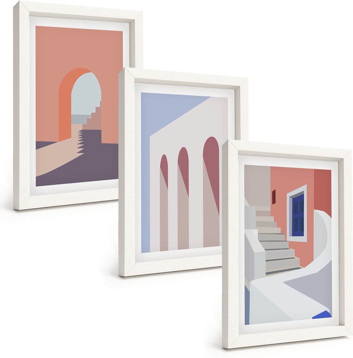 Wallfluent 3-Delige Schilderij Set - Illustraties Van Stedelijke Architectuur In Minimalistische Stijl - 20 x 30 - Muurdecoratie - Wanddecoratie - Hal - Interieur Decoratie