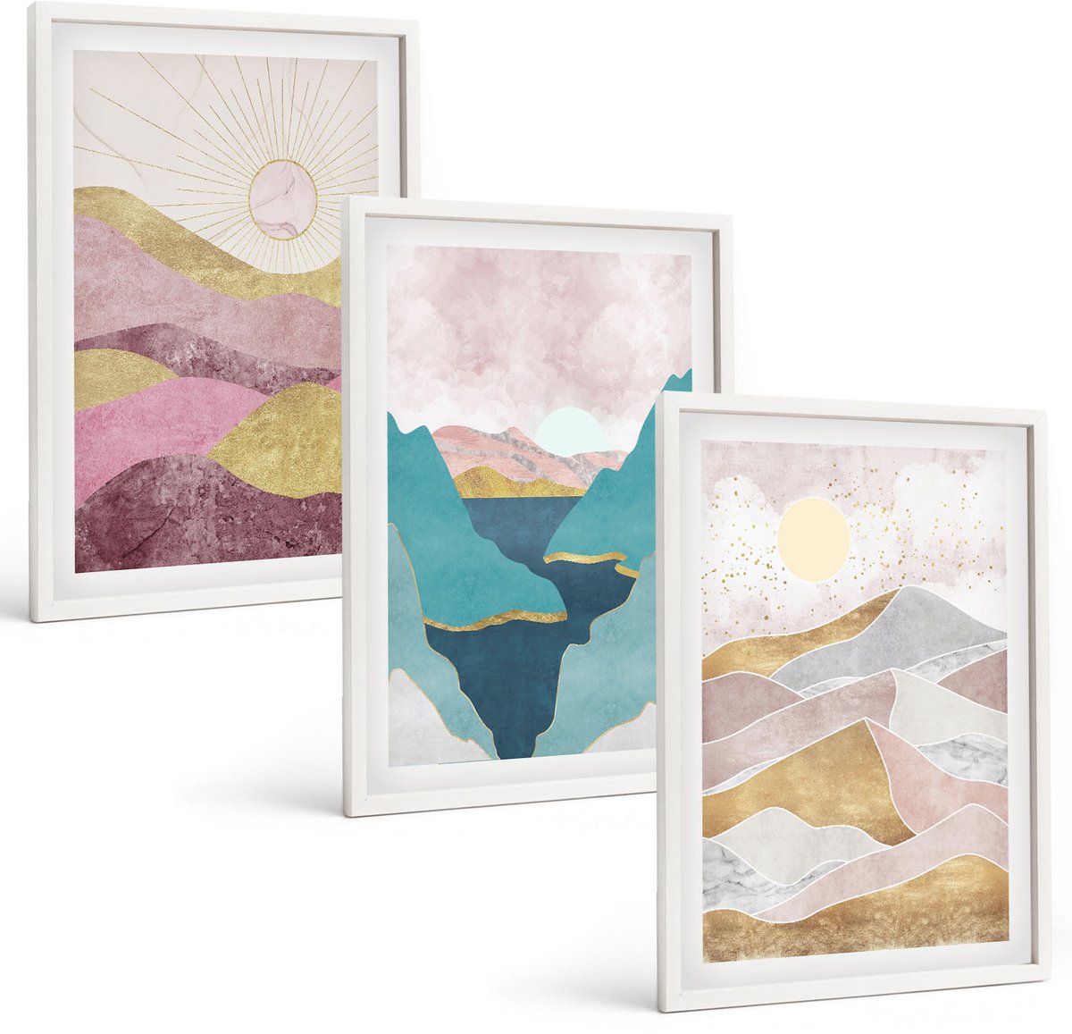 Wallfluent 3-Delige Schilderij Set - Abstracte Landschappen Met Bergen En Zon - 40 x 60 - Schilderijen Set - Wanddecoratie - Woonkamer - Interieur Decoratie