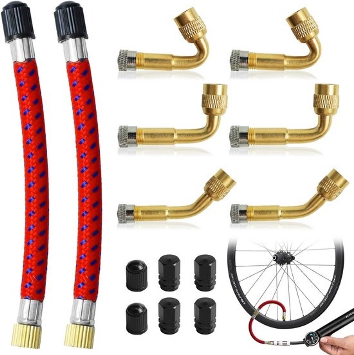 Set van 6 Universele Ventiel Verlengstukken (45° 90° 135°) en 2x 120mm Verlengstukken voor Auto Motor Fiets